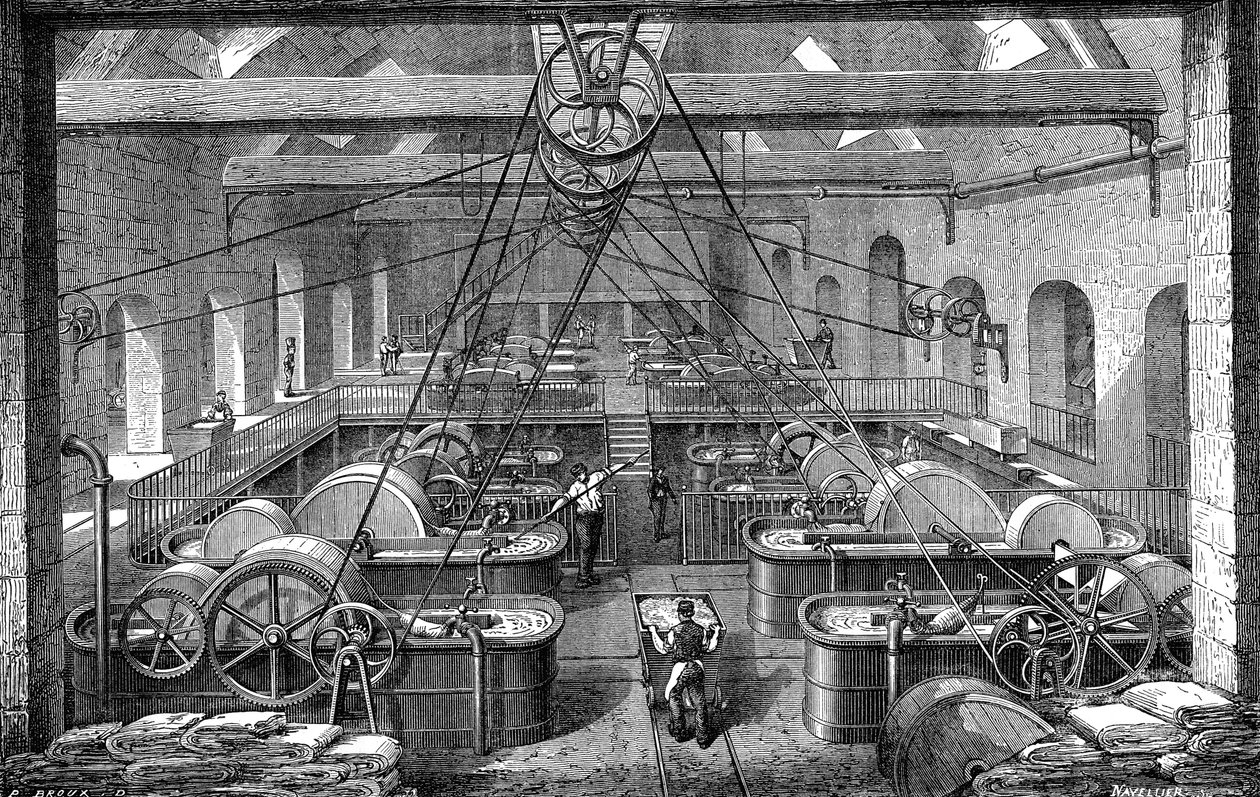 Papirindustri: verksted for raffinering og bleking av papirmasse. Gravering 1867 av French School