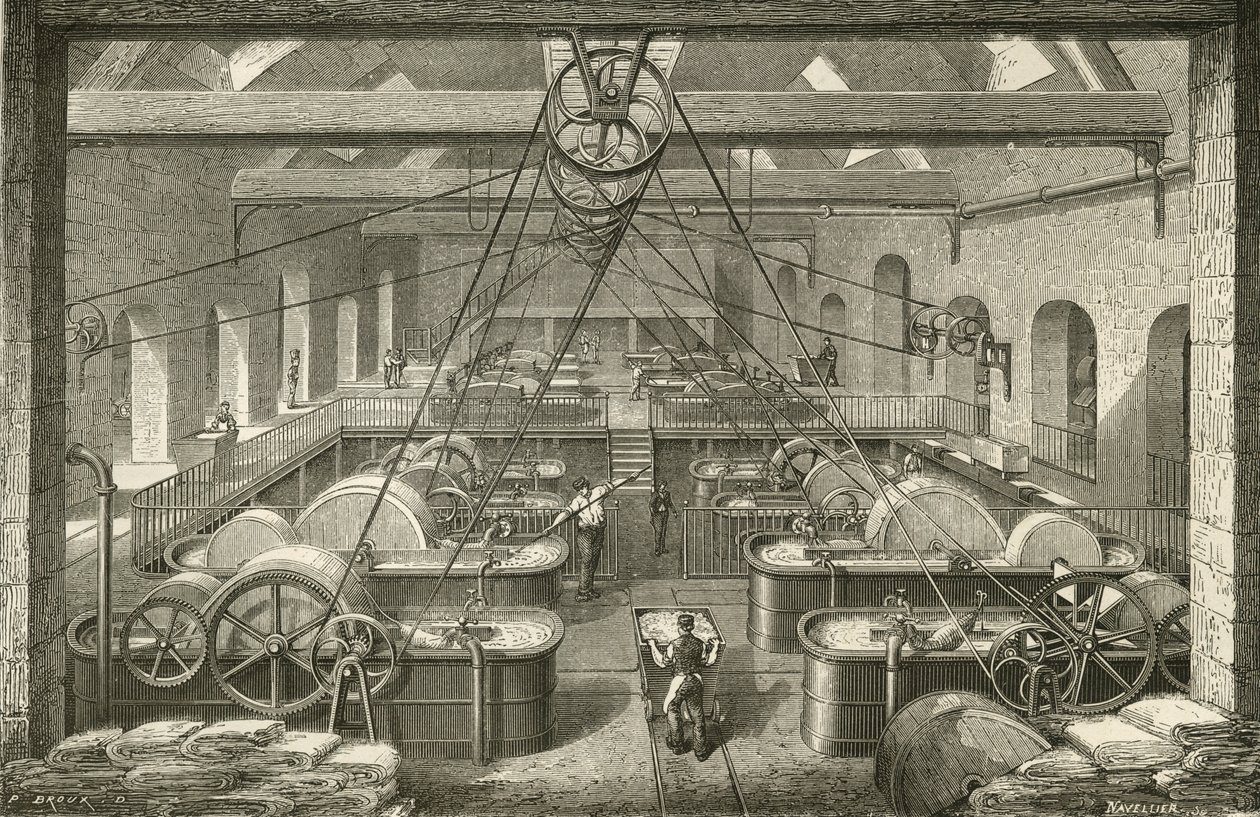 Papirfremstilling: bleking av fillemasse. Gravering c1870. av French School
