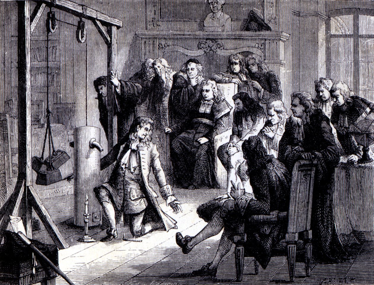 Papin (1647 - 1714) eksperimenterer med pulvermaskinen sin før professorene ved University of Marburg - i "Album of Science; berømte vitenskapsmenn; Store funn""" 1896. av French School