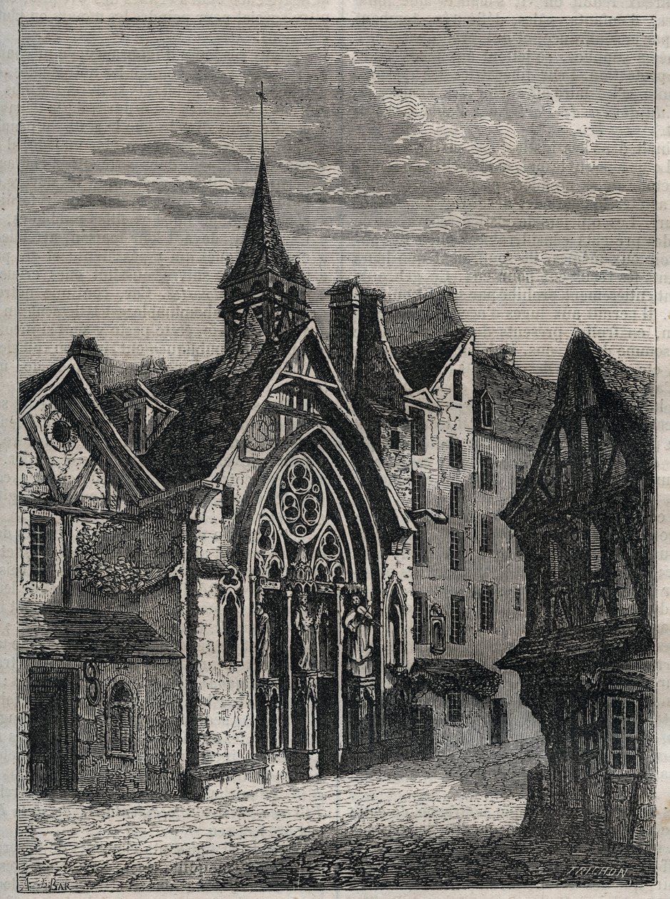 Paris - Rue Saint-Martin, kirken Saint-Julien-des-Menetriers (Saint Julien des Menetriers) Gravering i "" Fysisk, sivil og moralsk historie i Paris: fra de første historiske tider til i dag" av Jacques Antoine Dulaure av French School