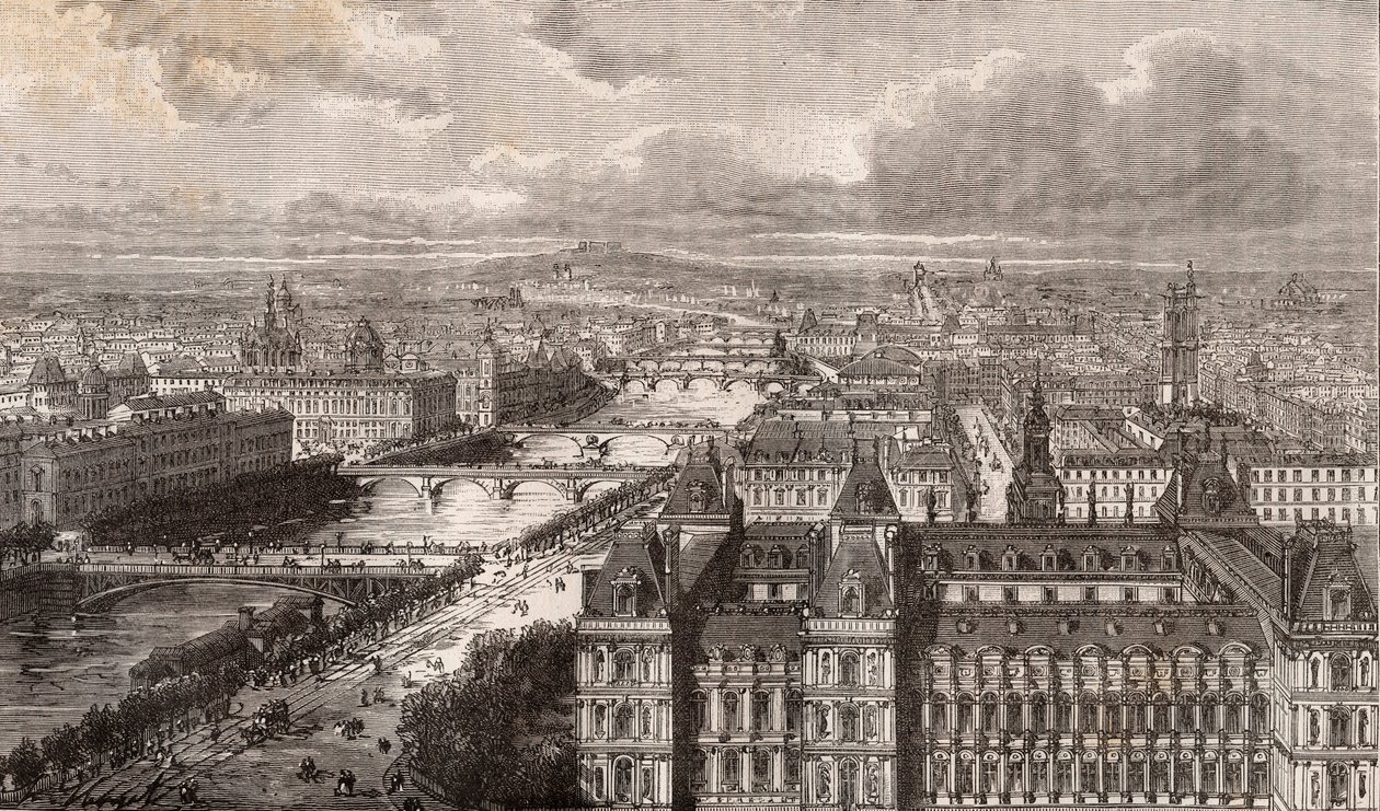 Paris - la seine - les Ponts - vue prise de la tour Saint-Gervais - engraving in “La France illustree: geography, history, statistical administration” by V.-A. Malt-Brown. 1884 av French School