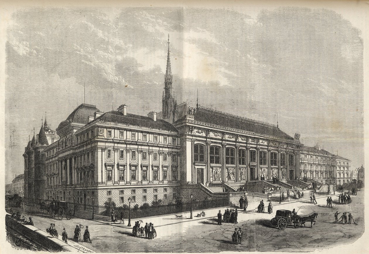 Paris - new facade of the courthouse, built by Joseph-Louis Duc (1802-1879) - (West Facade, on Rue de Harlay) engraving of 1869 av French School