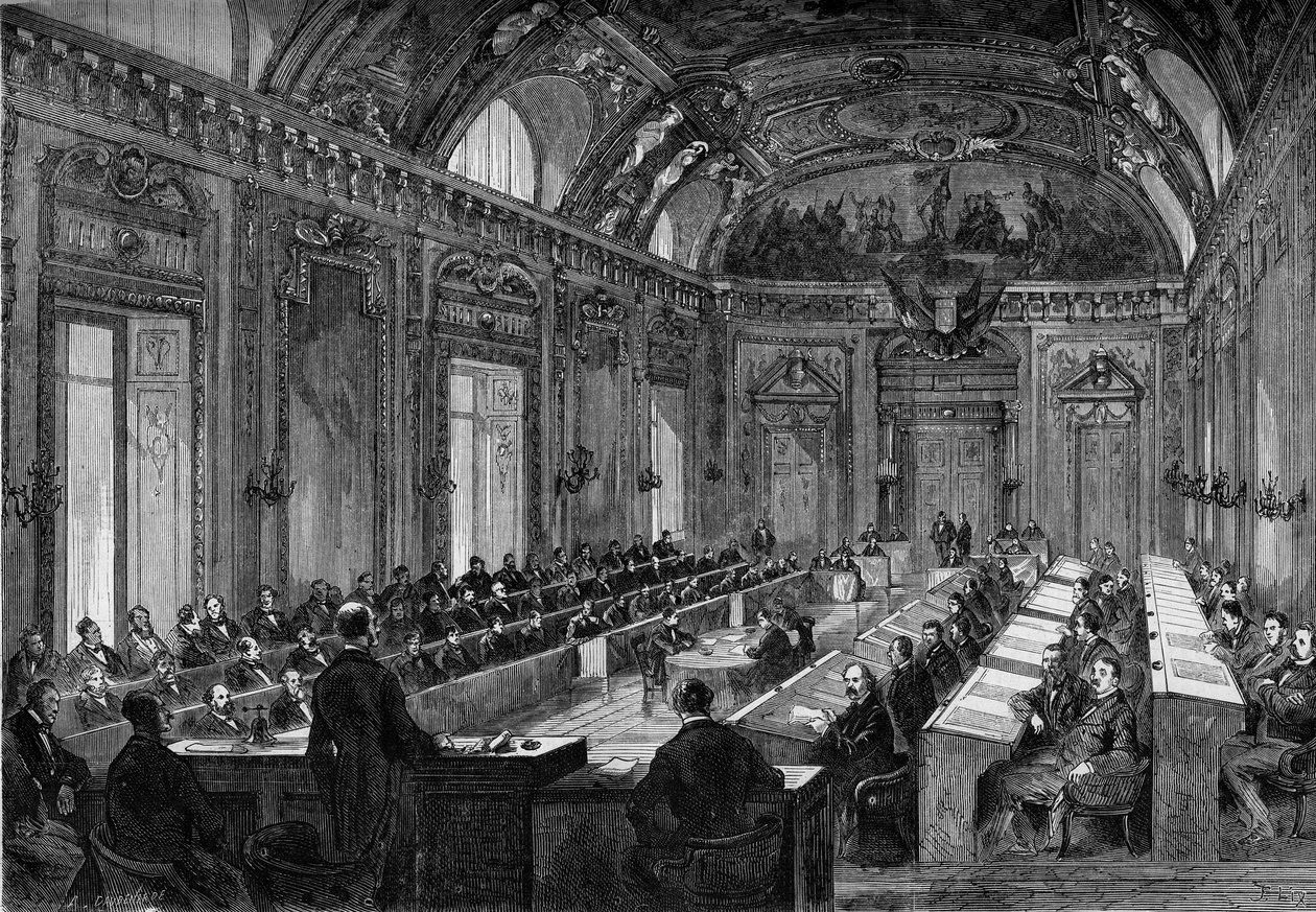 Paris, 4. august 1871: første møte i kommunestyret i tronsalen i Palais du Luxembourg. Gravering i "" Le Monde Illustré"" nr. 748 av 12. august 1871. av French School