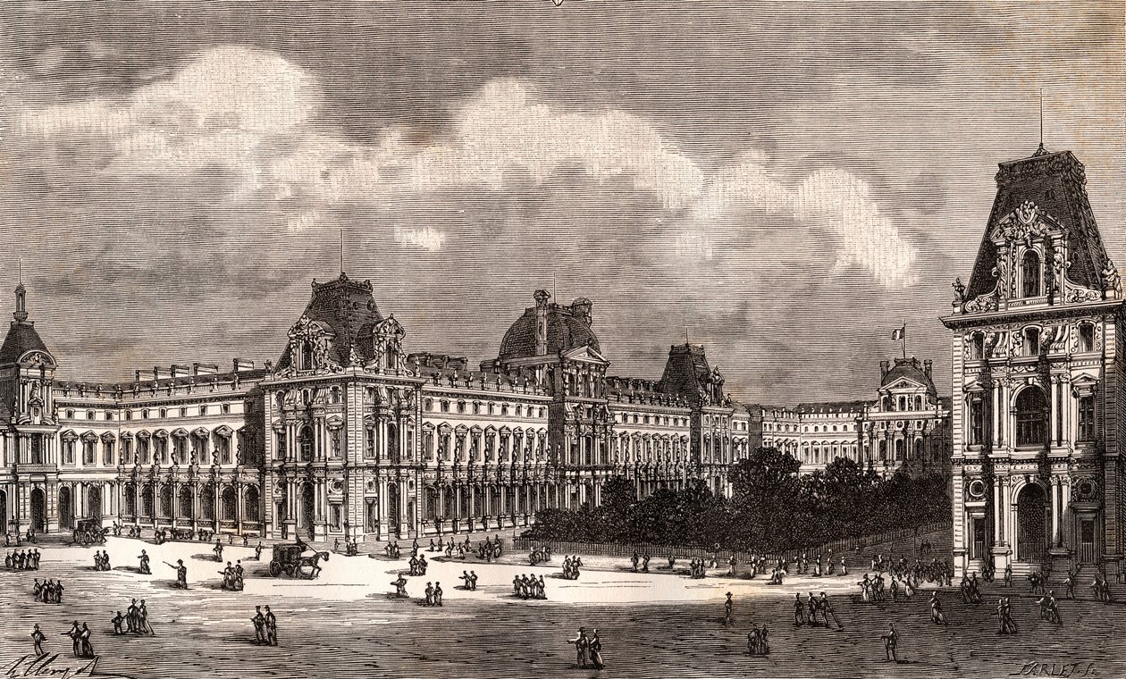 Paris Le Louvre - gravering i "La France illustree: geografi, historie, administrasjonsstatistik" av V.A. Malt-brun. 1884 av French School