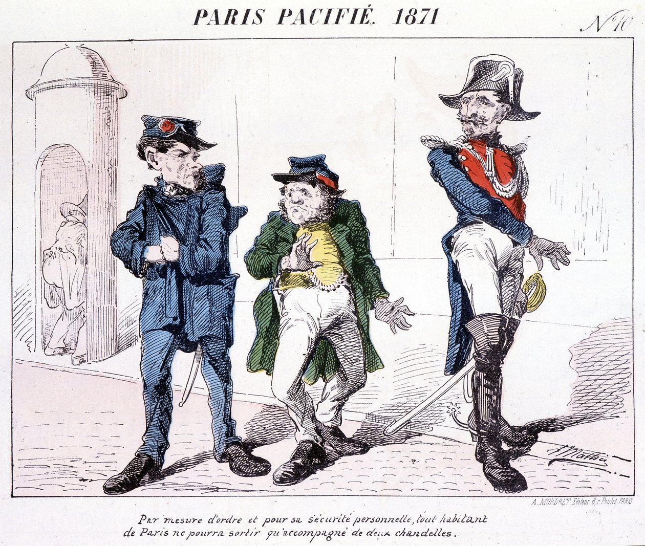 Paris Pacified 1871 - Som et mål for orden og personlig sikkerhet kan alle innbyggere i Paris bare gå ut med to stearinlys. Tegneserie om kommunen. av French School