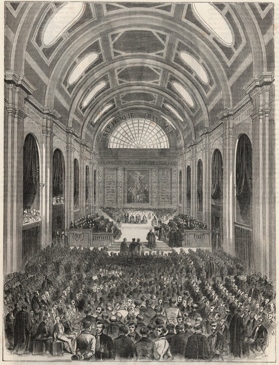 Paris, Palais de Justice - Salle des Pas Perdus under en offisiell seremoni - Gravering i "Tableau-de-Paris"" av Edmond Texier 1852 av French School