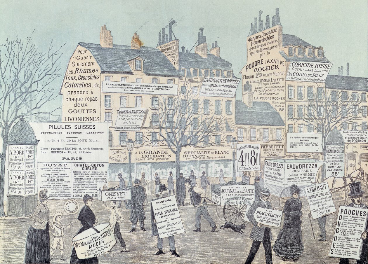 Paris Street Scene med mange annonser, hovedsakelig for medisiner, 1885 (fargegravering) av French School