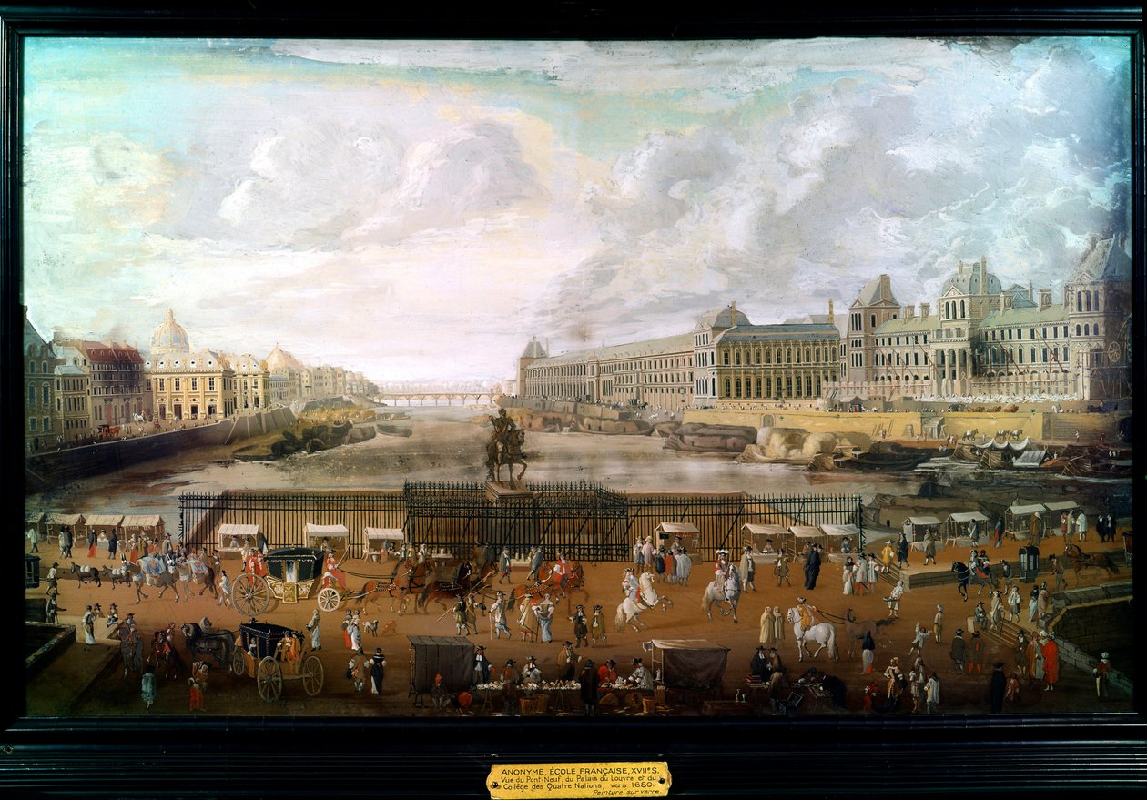 Paris, utsikt over Pont-neuf (Pont Neuf), Palais du Louvre og College of Four Nations rundt 1680 (olje på lerret) av French School