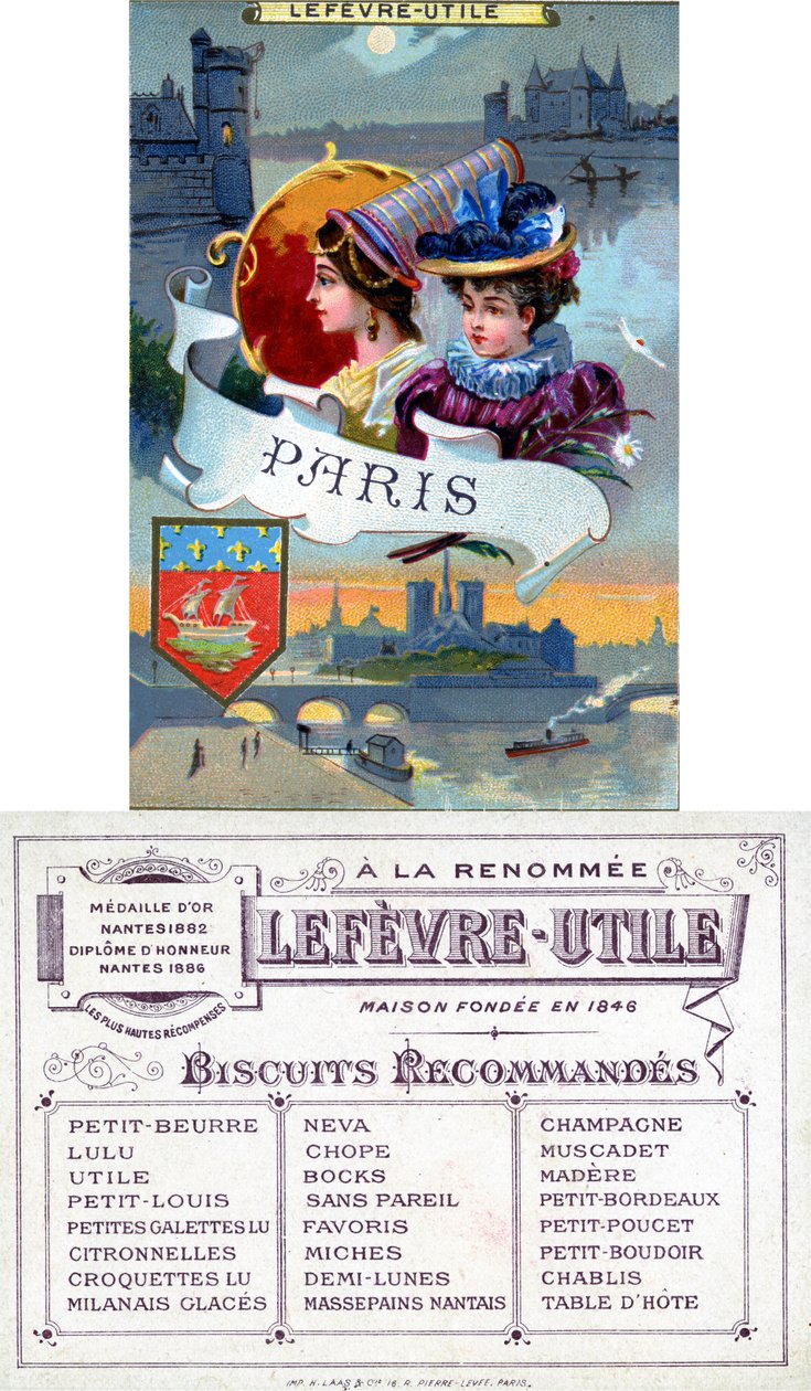Paris, forsiden og baksiden av et kampanjekort for Lefèvre-Utile (LU) kjeks, sent på 1800-tallet av French School
