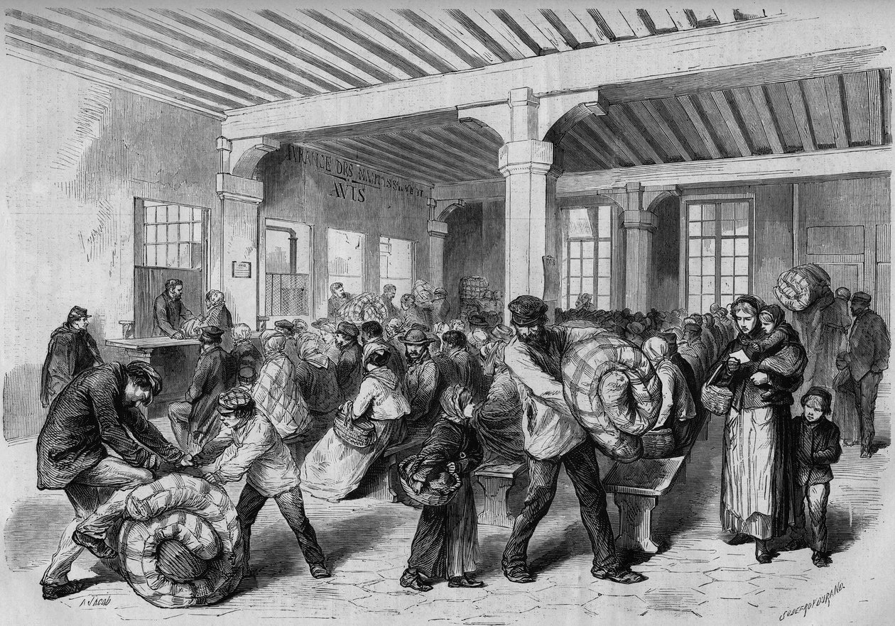 Paris, vinteren 1868: gratis rydning av klær og sengetøy på Mont de Piete (Mont-de-Piete) takket være økonomisk bistand fra keiser Napoleon III. Gravering i ""Le Monde Illustre"" nr. 563 av 25. januar 1868. av French School