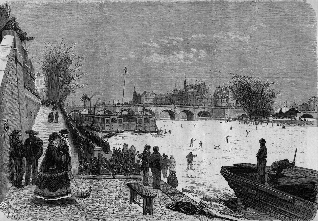 Paris, vinteren 1868: den frosne Seinen. Utsikt over elven fra høyden av Pont Neuf. Gravering i ""Le Monde Illustre"" nr. 561 av 11. januar 1868. av French School