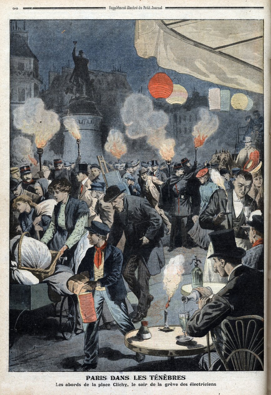 Paris i mørket - Omgivelsene til Clichy-stedet, kvelden for streiken til elektrikere - "Le petit Journal"", mars 1907 (gravering) av French School