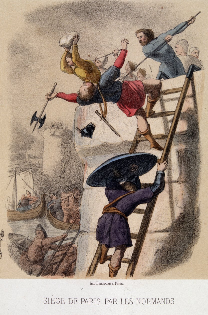 Paris beleiring av normannerne (885) - litografi, sent på 1800-tallet av French School