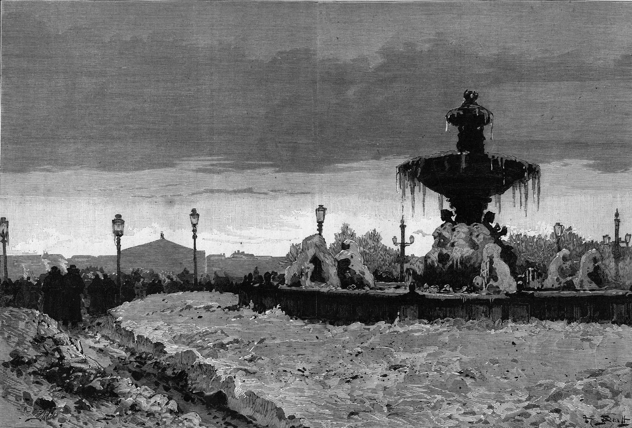 Paris under snøen, vinteren 1879-1880: utsikt over en av fontenene på Place de la Concorde under frosten. Gravering av Scott i "" The Illustrous World"" nr. 1188 av 3. januar av French School