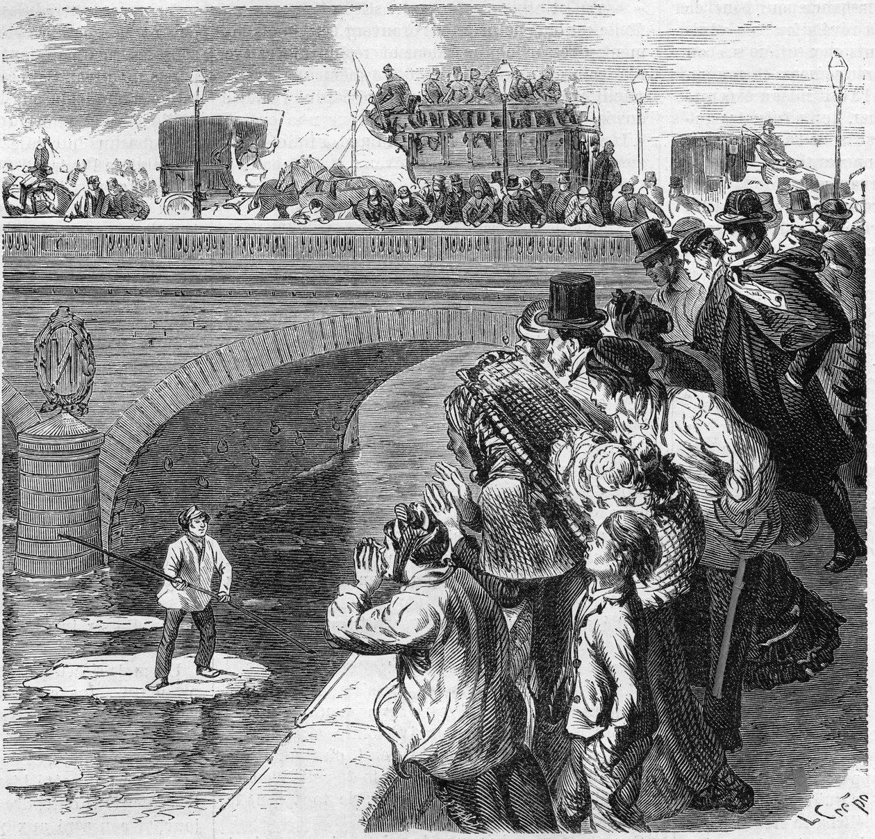 Paris, vinteren 1870: et barn klatrer på en glacon på vei mot Seinen, fra Bercy-broen til Passy-viadukten. Gravering i "" Le Monde Illustré"" nr. 672 av 26. februar 1870. av French School