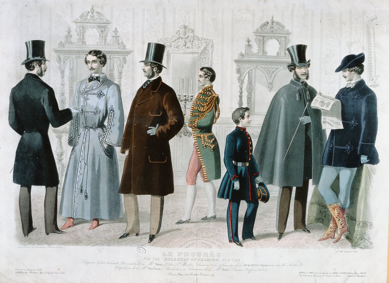 Parisisk moteplate for Bulletin of Fashion, New York, februar 1858 (fargegravering) av French School