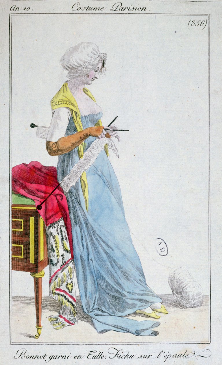 Parisisk kostyme: panser trimmet med tyll, fichu på skuldrene, 1802 av French School