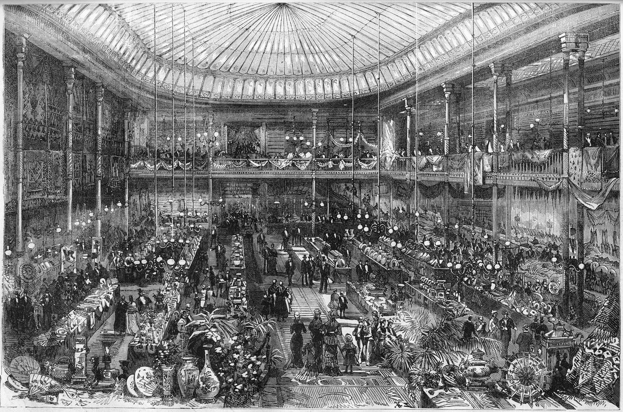 Parisiske varehus: utsikt over Little Saint Thomas-butikkhallen i 1878. Gravering av Scott i "" The Illustrous World"" nr. 1124 av 12. oktober av French School