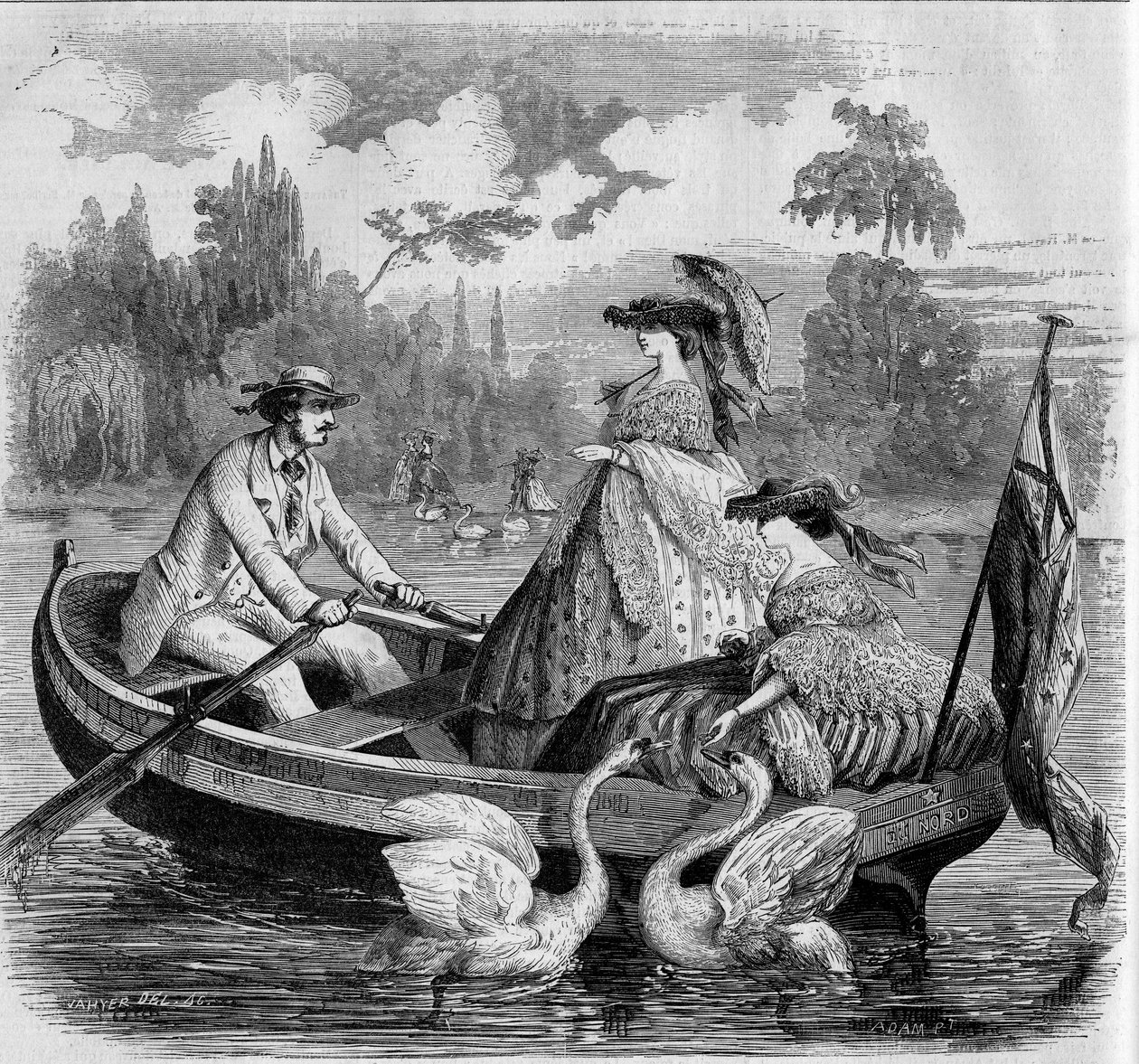 Parisiske moduser, sommeren 1857: båttur på en innsjø. Gravering i "" Le Monde Illustré"" nr. 24 av 26. september 1857. av French School
