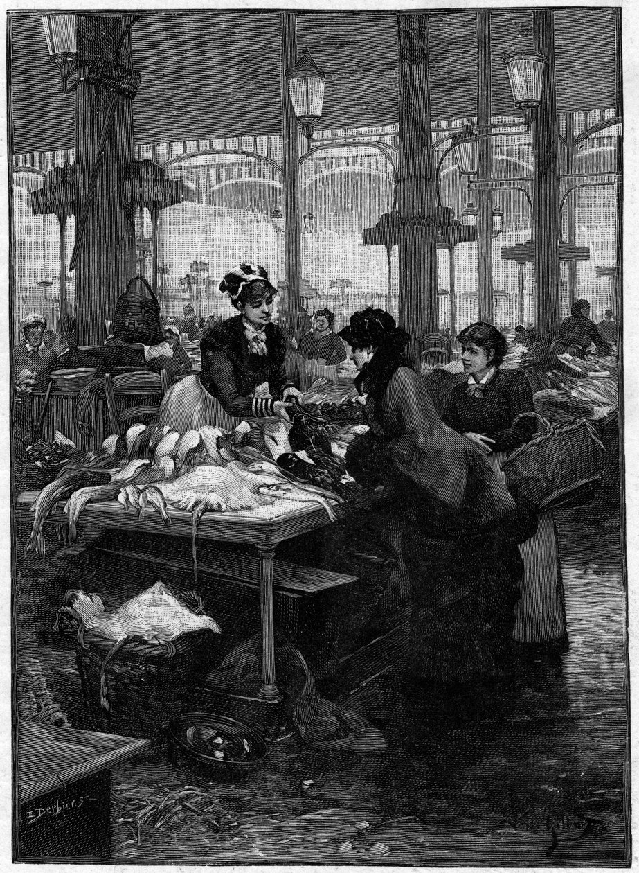 Parisisk scene på 1800-tallet: en fiskehandler og en klient i Halles sentral. Derbiergravering fra Gilberts maleri. Sent på 1800-tallet. I "" Verdens hovedsteder: Paris""". av French School