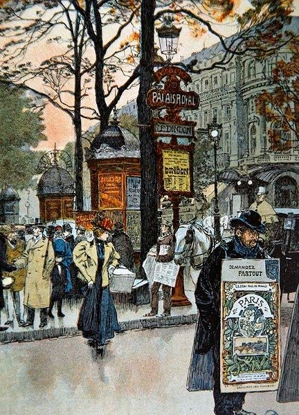 Parisisk gatebilde nær metrostasjonen Palais-Royal, ca. 1900 (farge litho) av French School