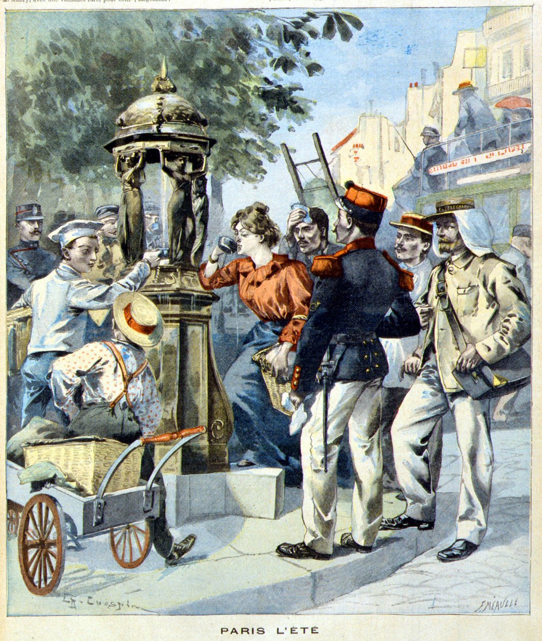 Parisere som drikker rundt en Wallace-fontene - i "Le Petit Journal" av 19.08.1900 (gravering) av French School