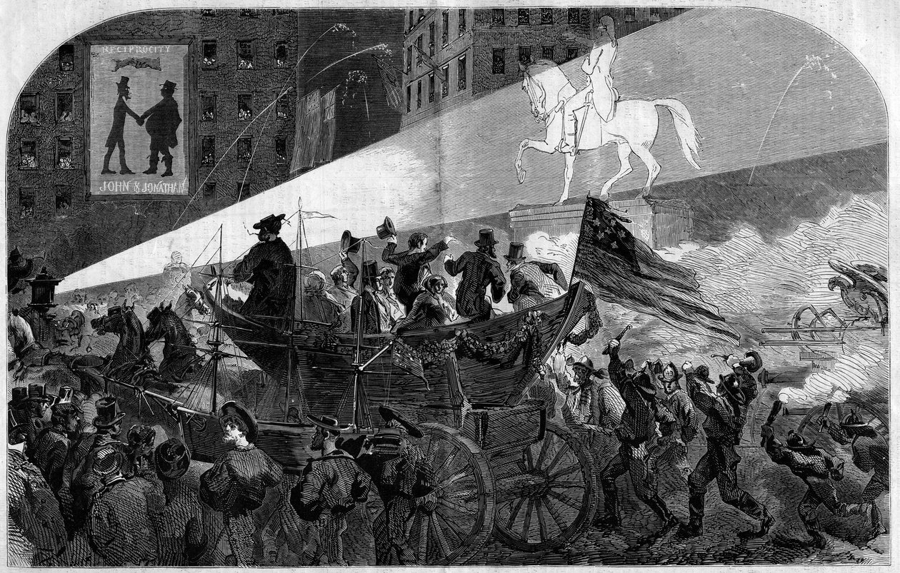 Fest i gatene i New York (New York) for å feire installasjonen av den transatlantiske telegrafiske kabelen mellom USA (USA) og England i 1858. Gravering i "" Le Monde Illustré"" nr. 79 av 16. oktober 1858. av French School