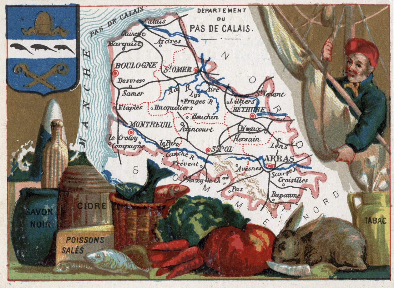 Pas de Calais (62), Nord Pas de Calais (Nord-Pas-De-Calais), Frankrike. Lokale spesialiteter: svart såpe, skitten fisk, cider og tobakk. Serie om de franske avdelingene. Chromolithography (Chromo) "" den geografiske tråden"", ca 1920. Privat samling. av French School