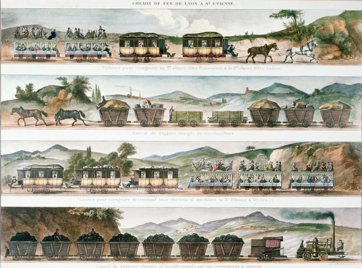 Passasjerer og gods på den første franske linjen åpnet mellom Lyon og St. Etienne, 1829 (farge litho) av French School