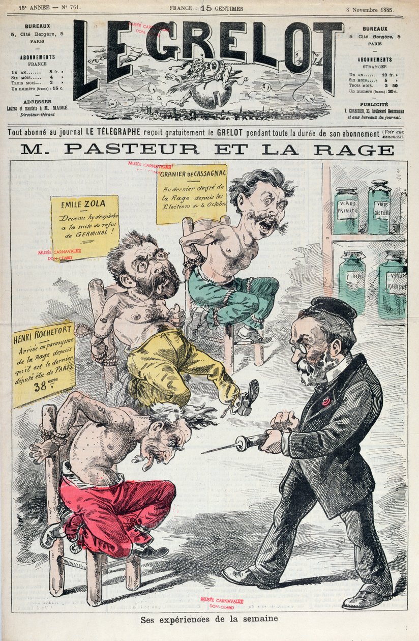 Pasteur and Rabies, karikatur av eksperimentene til Louis Pasteur (1822-95) fra Le Grelot, 8. november 1885 av French School