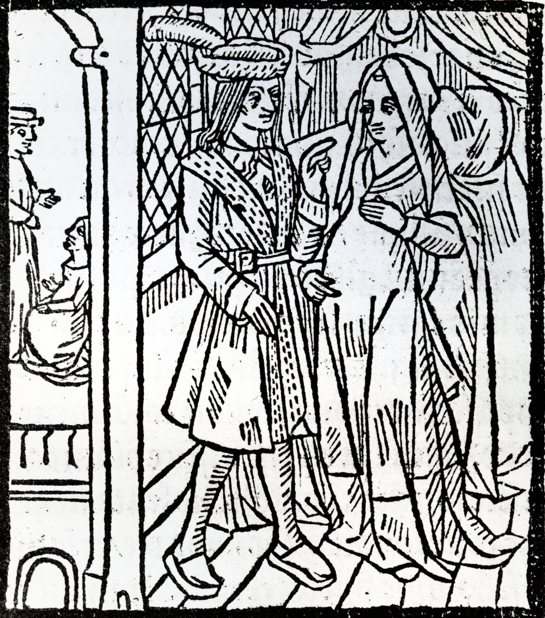 Pathelin og Guillemette, fra The Farce of Master Pierre Pathelin, ca.1465 av French School