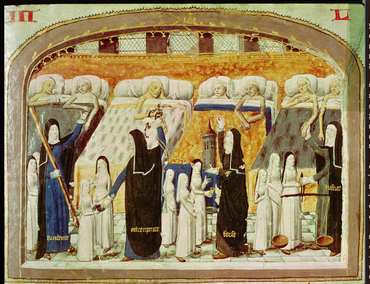 Pasienter og nonner ved Hospital of Hotel Dieu i Paris, fra Le Livre de Vie Active de lHotel Dieu av Jean Henry, ca. 1482 av French School