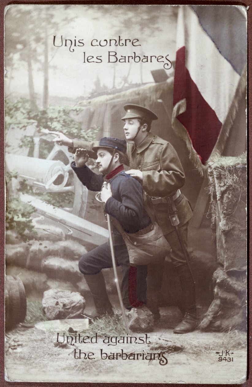 Patriotisk postkort fra 1. verdenskrig, som viser en fransk og en engelsk soldat sammen, ca. 1915 av French School