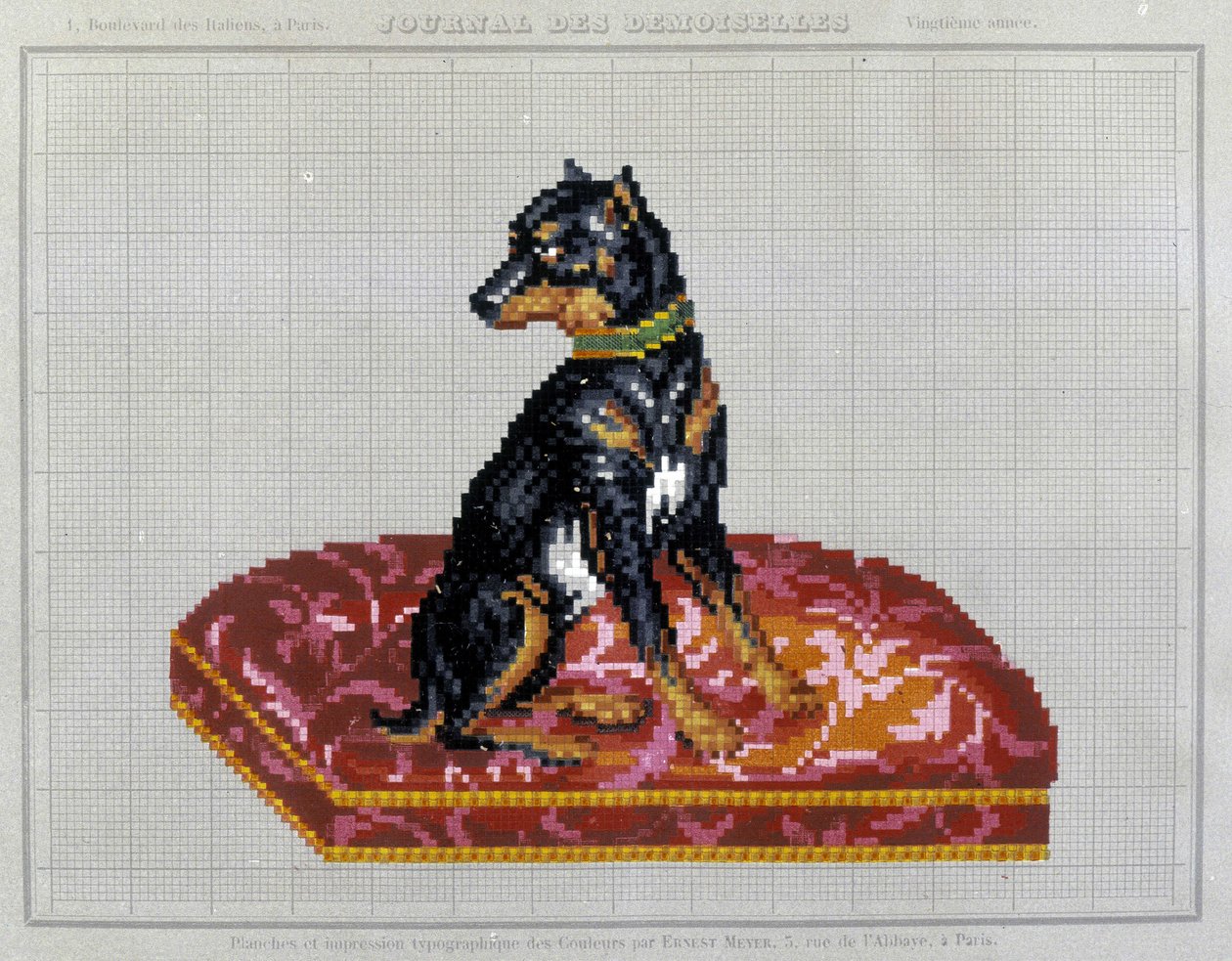 Mønster for korsstingbroderi (hund) - i "" Journal des Demoiselles"" 1852. av French School