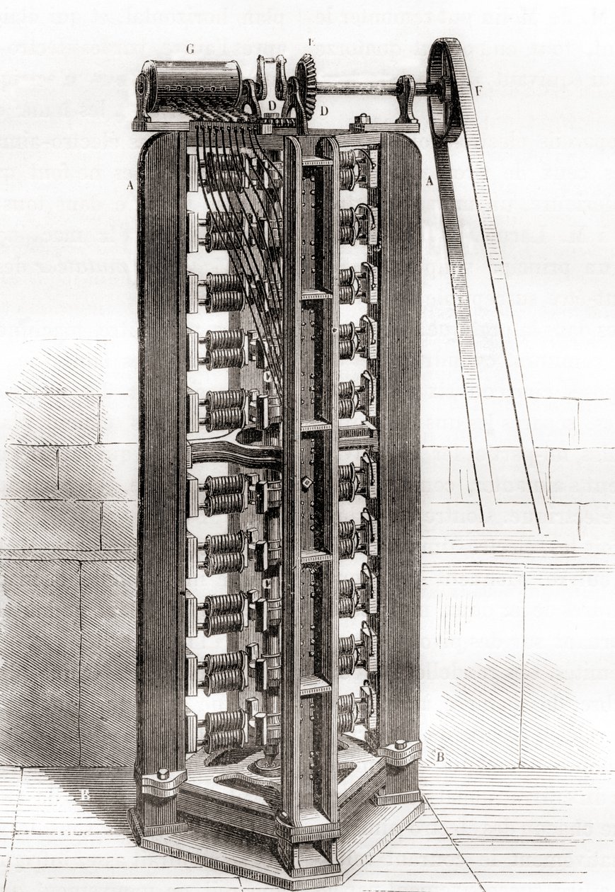 Paul-Gustave Froments vertikale elektromotor, ca. 1844, fra Les Merveilles de la Science, utgitt ca. 1870 (gravering) av French School