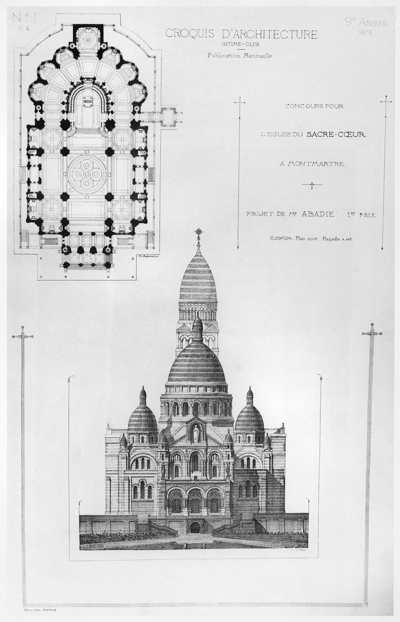 Paul Abadies vant design i konkurransen om design av Sacré-Coeur i Montmartre, fra Croquis dArchitecture, 1875 av French School