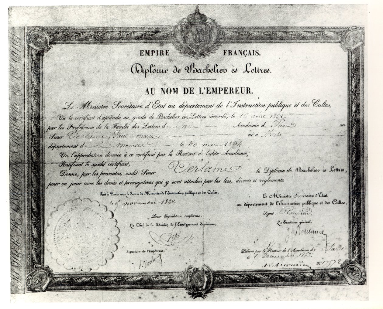 Paul Verlaines Baccalaureat, 1862 (penn og blekk på papir) av French School