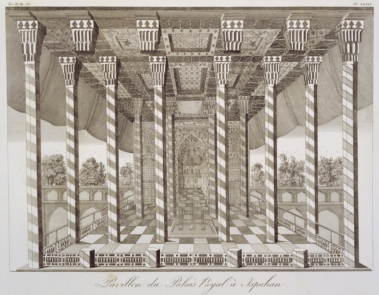Paviljong ved Det kongelige palass i Isfahan, fra Voyages du Chevalier Chardin en Perse, et autres Lieux d