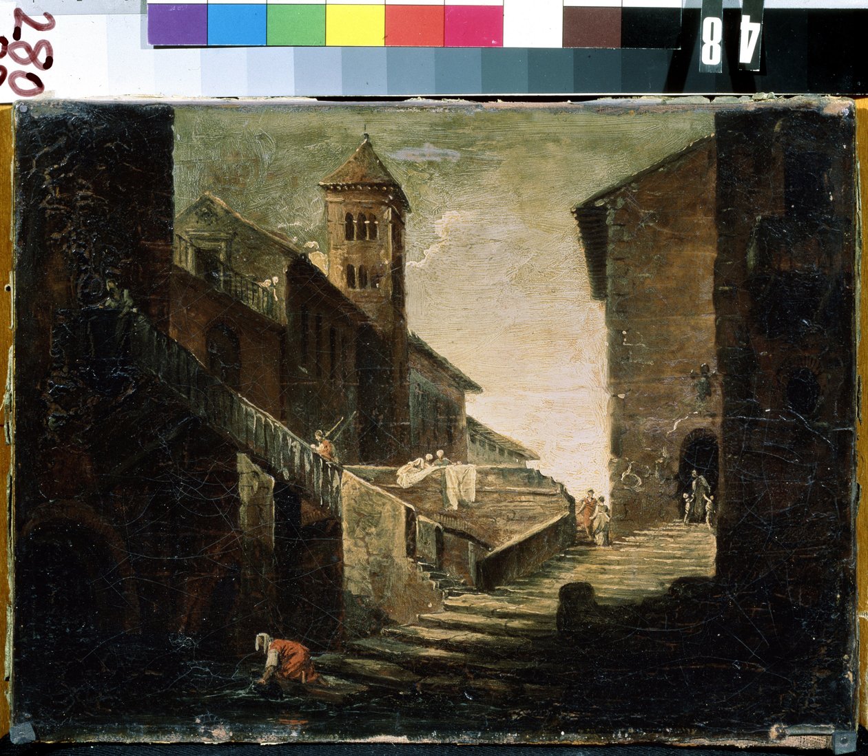 ""Landskap i en fransk landsby"" Broen og elven i et populært distrikt. Fransk skolemaleri. Mikhail Kroshitsky kunstmuseum tidlig på 1700-tallet, Sevastopol (Sevastopol) Ukraina av French School