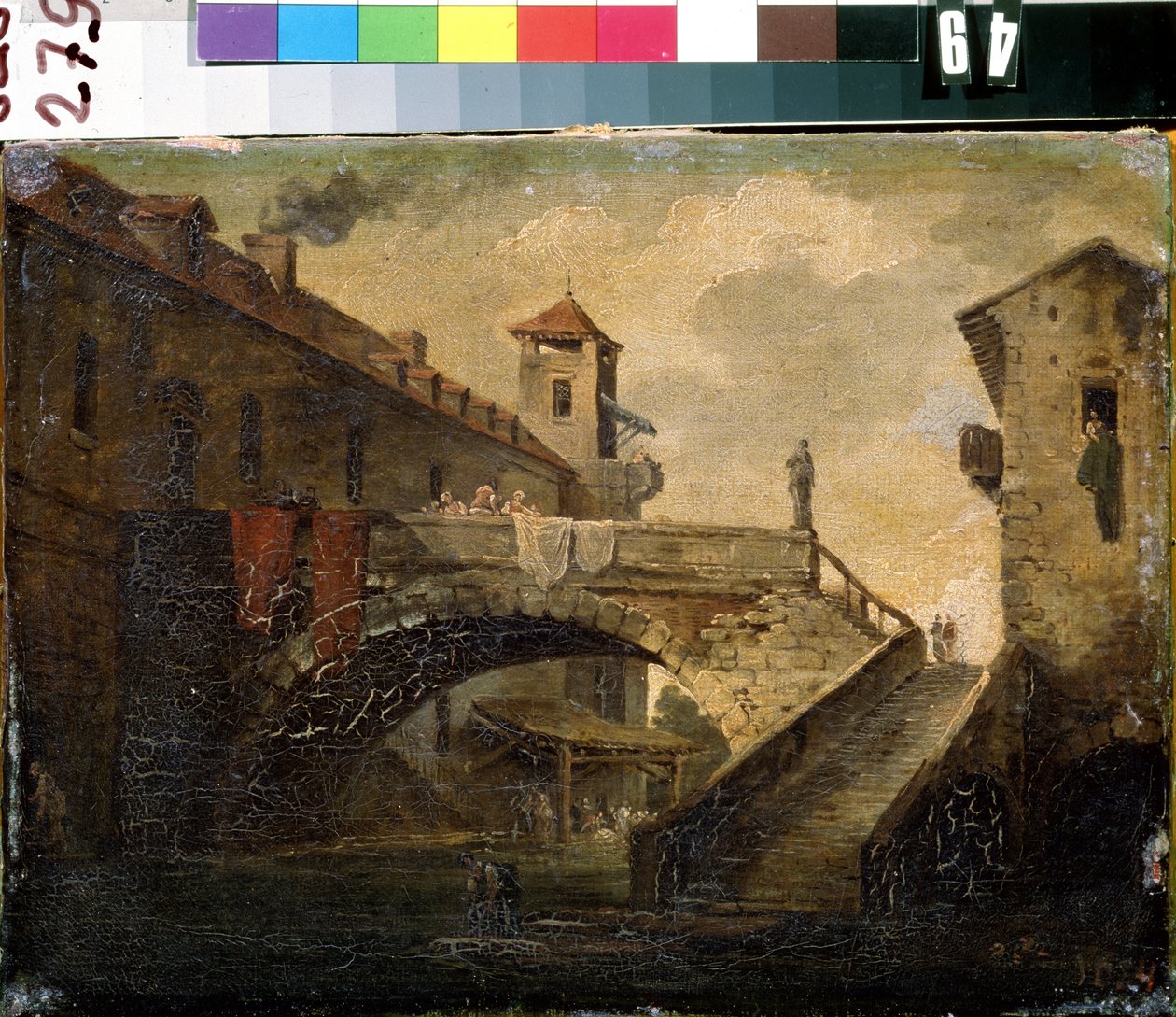 ""Landskap i en fransk landsby"" Broen og elven i et populært distrikt. Fransk skolemaleri. Mikhail Kroshitsky kunstmuseum tidlig på 1700-tallet, Sevastopol (Sevastopol) Ukraina av French School