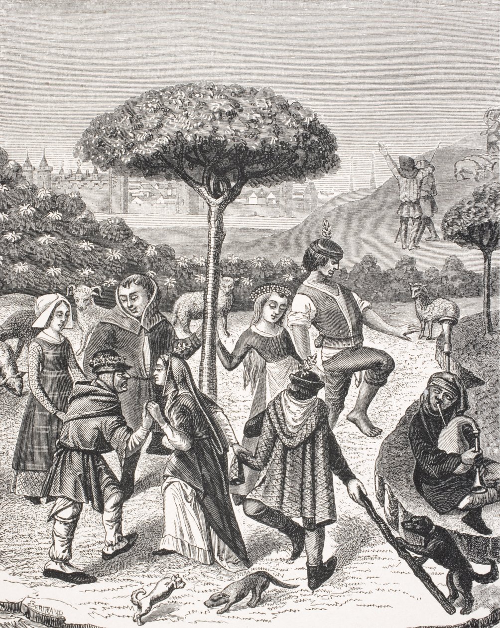 Mai-festenes bondedanser, etter en miniatyr i en bønnebok fra 1400-tallet, fra 'Le Moyen Age et La Renaissance' av Paul Lacroix (1806-84) utgitt 1847 av French School