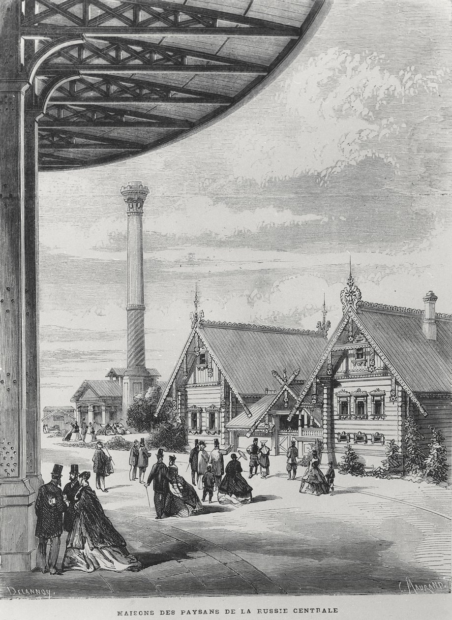 Bondehus ved den russiske paviljongen ved Exposition Universelle i 1867 (litho) av French School