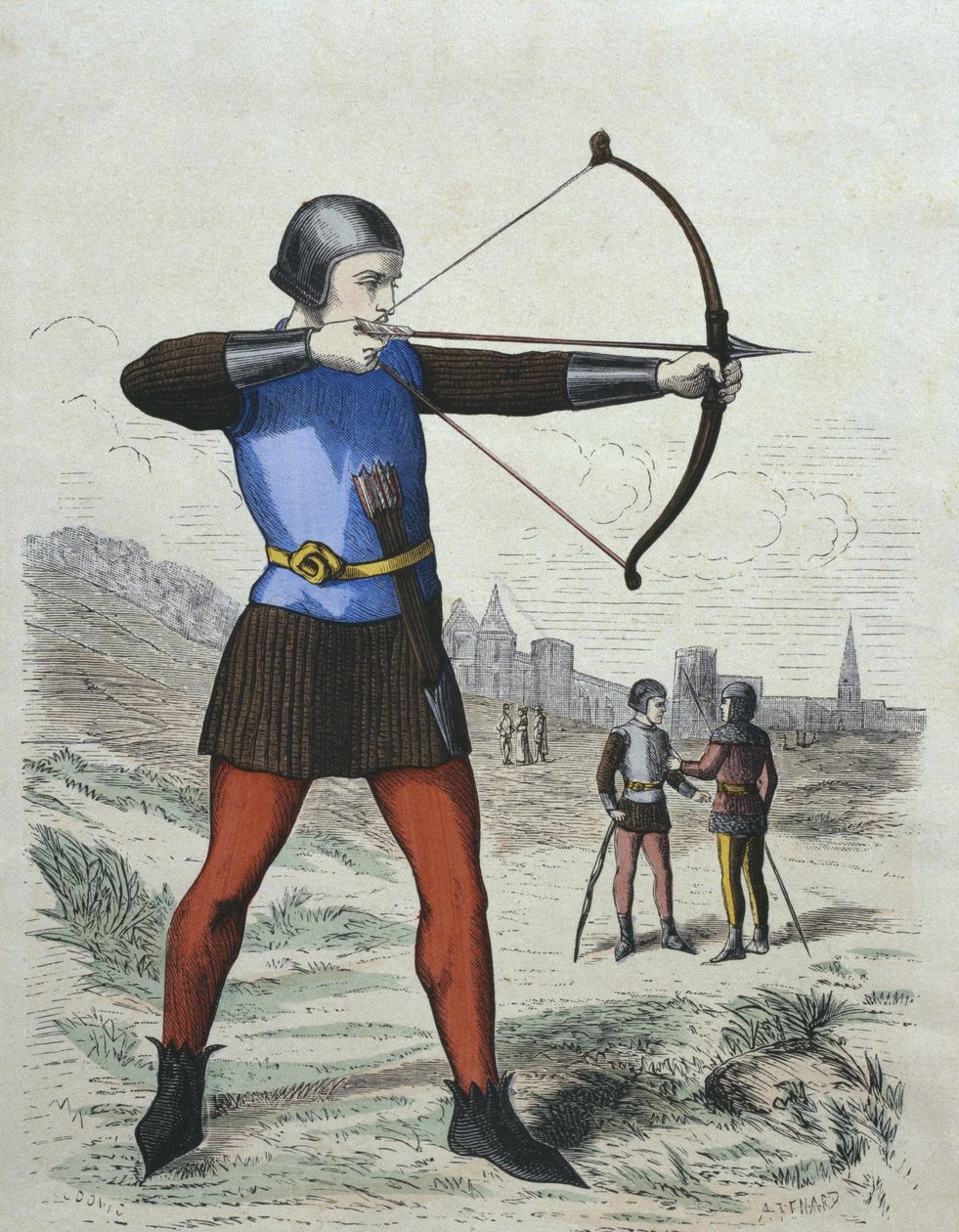 Fotgjengerbueskytter på 1200-tallet, illustrasjon fra Costumes de Paris a travers les siecles av H. Gourdon de Genouillac, gravert av A. Renard (1800-tallet) (fargegravering) av French School