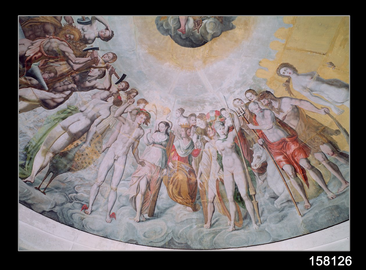 Folk fra Medici-domstolen, med Charles IX som Janus i sentrum, til høyre for ham katolikker som smir våpen for krig, til venstre for protestantene, også Catherine de Medici som Juno og Diane av av French School