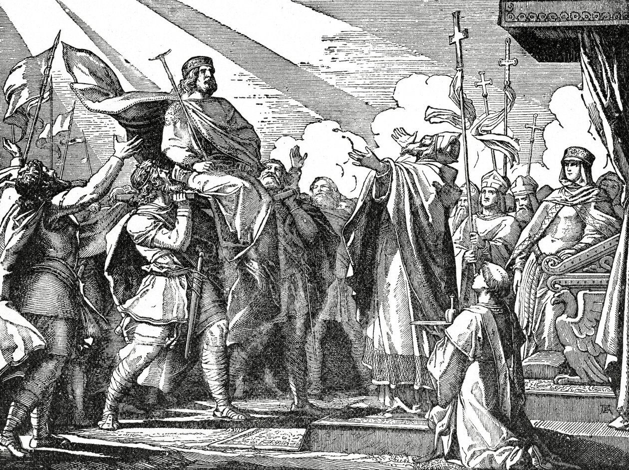 Pepin utropte til konge av frankerne i 751, ca. 1890 Pepin den korte (ca. 715-68) uekte sønn av Charles Martel; Pepin le Bref; far til Karl den Store (747-815); av French School