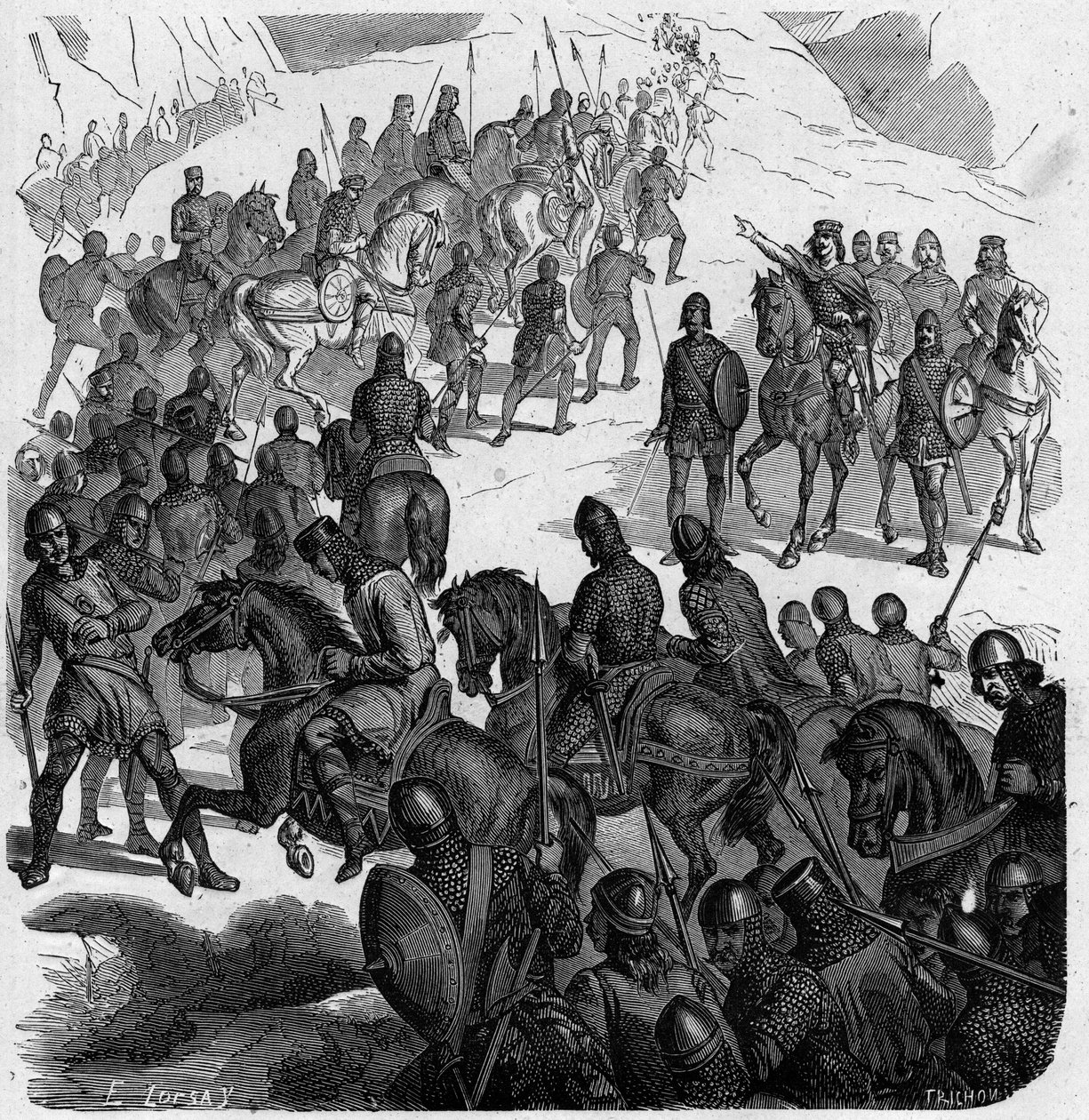 Pepin the Brief crossing the Alps at the head of the Francs to rescue the pope against the Lombards. av French School
