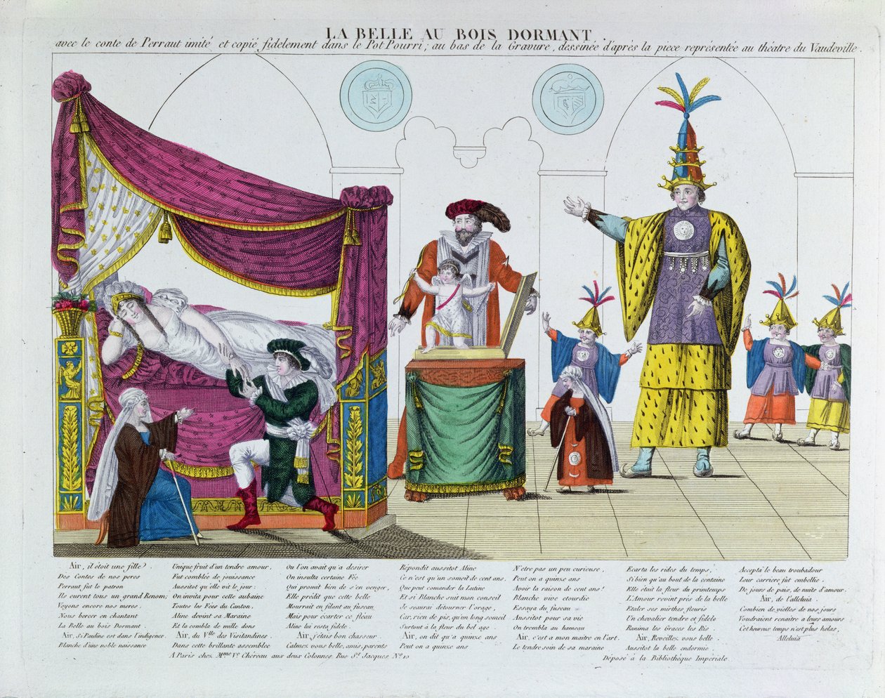 Fremførelse av Tornerose etter eventyret av Charles Perrault (1628-1703), ved Vaudeville Theatre, Paris, ca. 1820 (fargegravering) av French School