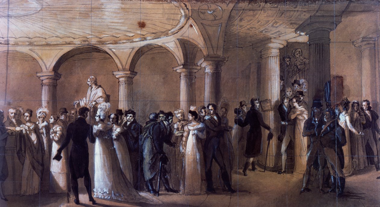 Peristyle ved Theatre-Francais i Paris, ca. 1822 (farge litho) av French School