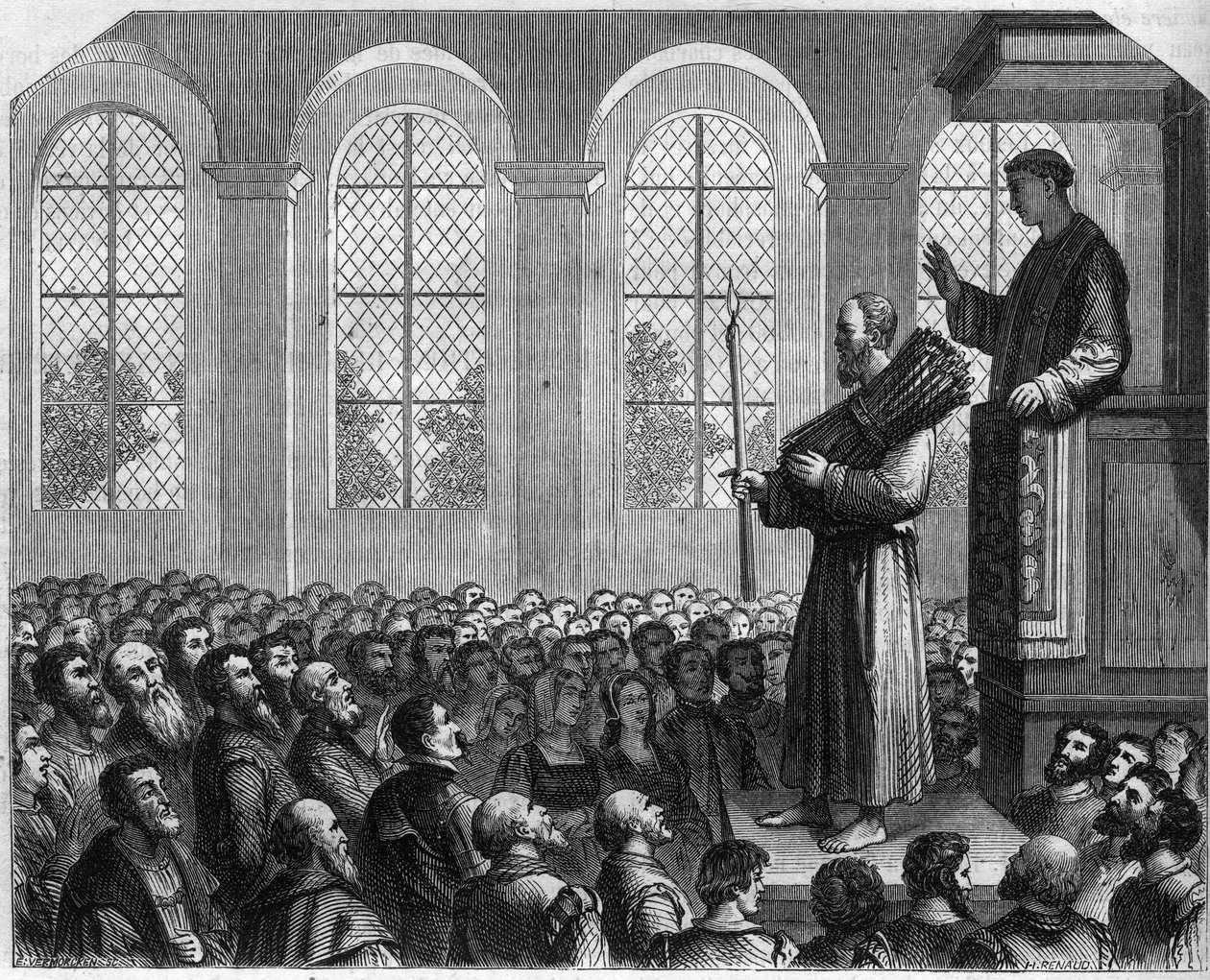Forfølgelser av protestanter i England på 1500-tallet: offentlig bot til James Bainham (Baynham) i Saint Paul. Anklaget for kjetteri, ble han dømt til å stå foran prekestolen, en feg på hodet, under en preken som ble uttalt mot ham av French School