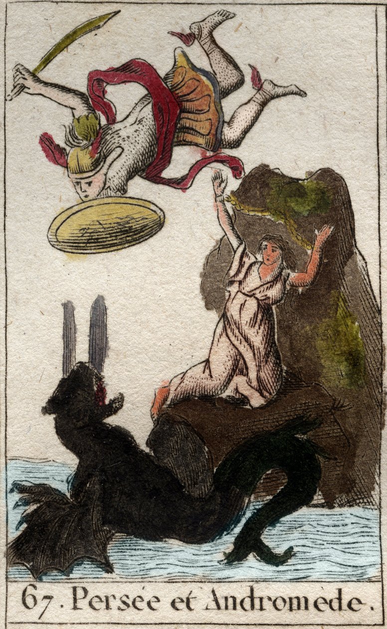 Se representasjon som kommer til unnsetning av Andromede enchainee a un rock (Perseus redde Andromeda lenket til en stein) Fra "Mythologie de la jeunesse" av Pierre Blanchard 1803. av French School